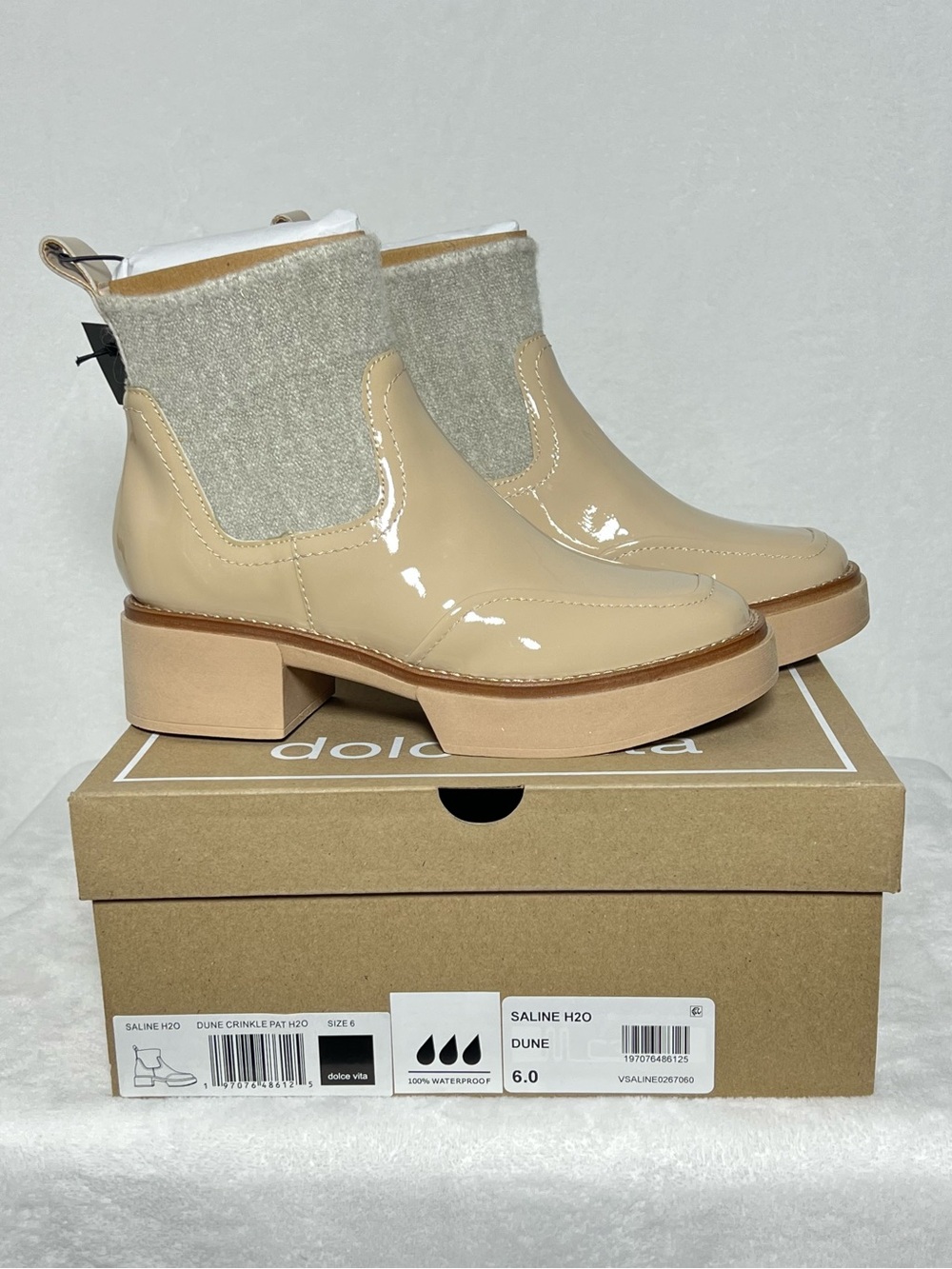 DOLCE VITA Saline H2O Patent Leather Waterproof Platform Bootie - size 6 - Dune